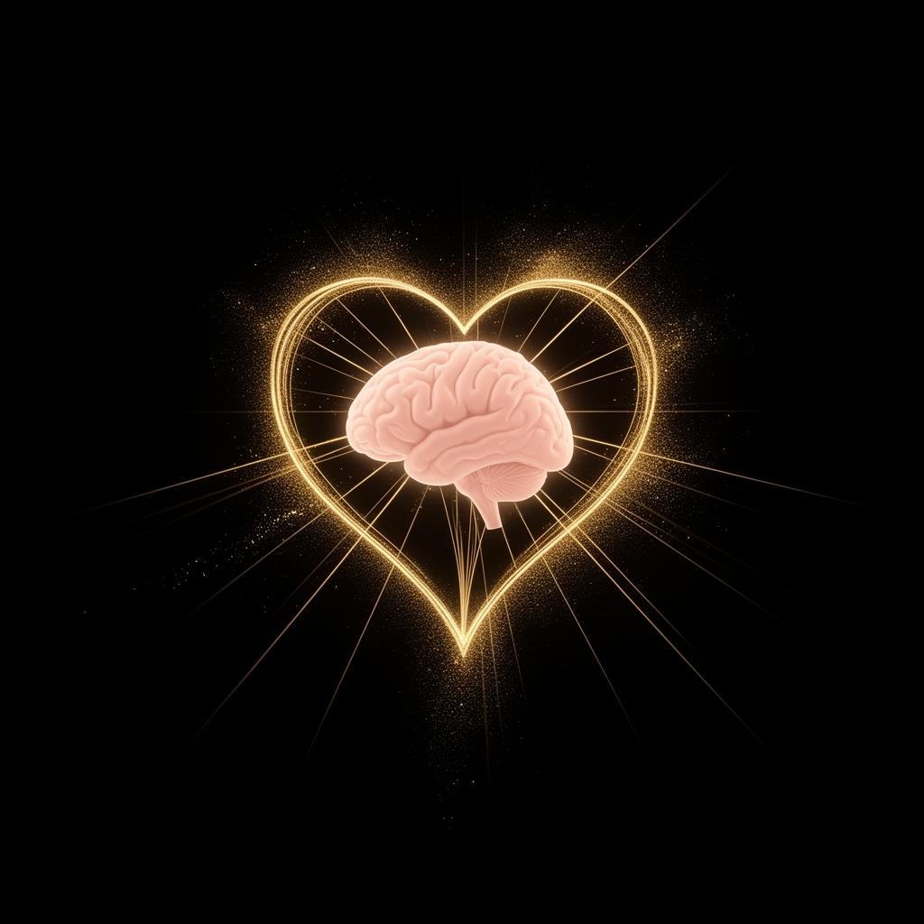 Gold heart embracing a soft pink brain on black