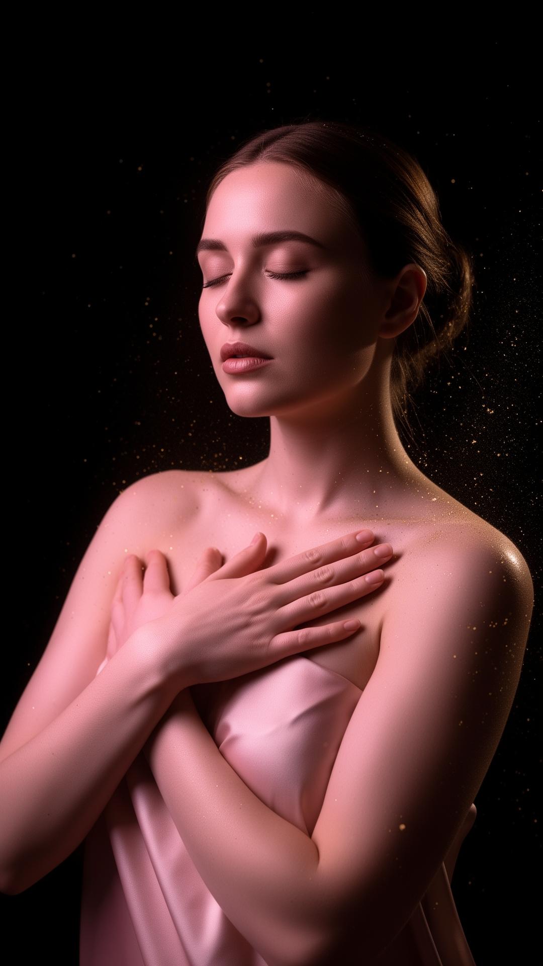 Woman with hand over her heart bathed in soft blush and gold light